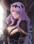  1girl black_capelet breasts camilla_(fire_emblem) capelet circlet cleavage closed_mouth cm_lynarc commentary fire_emblem fire_emblem_fates hair_over_one_eye highres indoors large_breasts long_hair looking_at_viewer purple_hair red_eyes revision signature smile solo upper_body very_long_hair 