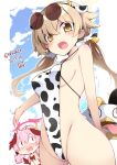  &lt;|&gt;_&lt;|&gt; 2girls :d animal_ears animal_print bare_shoulders bell bikini blonde_hair blue_archive blush bow breasts brown_eyes brown_hair chibi cow_ears cow_girl cow_horns cow_print eyewear_on_head fake_animal_ears fake_horns hair_between_eyes hair_ornament hair_ribbon head_wings hifumi_(blue_archive) highleg highleg_swimsuit holding holding_innertube horns innertube koharu_(blue_archive) koharu_(swimsuit)_(blue_archive) light_brown_hair long_hair looking_at_viewer low_twintails multiple_girls open_mouth paid_reward_available peroro_(blue_archive) pink_hair reku ribbon sideboob small_breasts smile sunglasses swimsuit tail twintails twitter_username wings yellow_eyes 