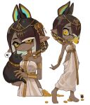  1girl absurdres animal animal_ears arm_at_side armlet bangs bare_shoulders barefoot black_hair blunt_bangs blush bracer breasts cat cat_ears cat_girl closed_eyes closed_mouth commentary dark-skinned_female dark_skin dress earrings egyptian_clothes eyes_visible_through_hair feet full_body gold hair_over_one_eye happy headpiece heart highres hip_vent holding holding_animal inkling inkling_girl jewelry kumo_(kumo_hsc0216) looking_at_viewer multiple_earrings multiple_rings multiple_views neck_ring no_mouth orange_eyes pointy_ears ring short_hair sidelocks simple_background slit_pupils small_breasts smile speech_bubble splatoon_(series) spoken_heart standing strapless strapless_dress symbol-only_commentary u_u upper_body white_background white_dress wide-eyed 