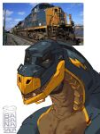  babanasaur belly black_sclera blue_body brown_belly countershading csx_transportation_group dragon ge_evolution general_electric handles hi_res how_to_dragon_your_train humanoid hybrid lightning_bolt living_machine living_train living_vehicle locomorph locomotive machine male markings open_mouth solo teeth train vehicle yellow_markings 