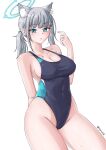  1girl absurdres animal_ear_fluff animal_ears black_one-piece_swimsuit blue_archive blue_eyes breasts cleavage competition_swimsuit contrapposto covered_navel cowboy_shot cross_hair_ornament english_commentary extra_ears grey_hair hair_ornament halo highleg highleg_swimsuit highres large_breasts looking_at_viewer low_ponytail medium_hair mismatched_pupils multicolored_clothes multicolored_swimsuit one-piece_swimsuit parted_lips razrafz shiroko_(blue_archive) shiroko_(swimsuit)_(blue_archive) simple_background solo swimsuit white_background wolf_ears 