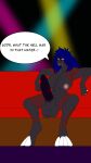  absurd_res anthro anubis_(chupadore) balls big_balls big_breasts big_penis black_body black_fur blue_hair booth_seating breasts canid canine chupadore dialogue erection fox fur genitals gynomorph hair hi_res intersex mammal marcy&#039;s_lewd_images multicolored_body multicolored_fur muscular nightclub nipples penis red_body red_fur solo strobe_lights two_tone_body two_tone_fur yellow_eyes 