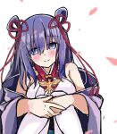  1girl atsushi_(aaa-bbb) bare_shoulders blue_eyes blue_hair blush closed_mouth detached_collar detached_sleeves falling_petals flower_knot hair_rings haori holding_own_wrist japanese_clothes knees_up kumano_sanshou_gongen_nagamitsu long_hair off_shoulder open_mouth petals sketch smile solo tenka_hyakken thighhighs white_thighhighs 