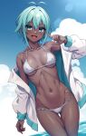  1girl antenna_hair ass_visible_through_thighs bikini blue_eyes blue_hair breasts cloud dark-skinned_female dark_skin dosu_(doseven) dutch_angle highres jacket looking_at_viewer medium_breasts multicolored_clothes multicolored_jacket navel nipples ocean open_clothes open_jacket original outdoors pointing pointing_at_self ribs short_hair smile solo sun_glare swimsuit thigh_gap two-tone_jacket white_bikini white_jacket 
