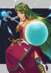  1girl absurdres alternate_color breasts cleavage collarbone diadem dress forehead_jewel green_eyes green_hair highres holding holding_staff kid_icarus kid_icarus_uprising long_hair looking_at_viewer nabe_ken palutena shield solo staff strapless strapless_dress super_smash_bros. thighhighs vambraces very_long_hair 
