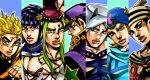  6+boys beanie black_hair blonde_hair bob_cut bruno_bucciarati column_lineup diamond_wa_kudakenai dixie_cup_hat fake_horns fur_hat green_hair hat higashikata_josuke_(jojolion) hirose_koichi horns horseshoe_ornament johnny_joestar jojo_no_kimyou_na_bouken jojolion kujo_jotaro metamin_(memethah) military_hat multiple_boys narciso_anasui official_art official_style stardust_crusaders steel_ball_run stone_ocean vento_aureo weather_report 