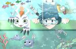  1boy 6+others blue_hair caustics claws coral crab dark_blue_hair digimon digimon_(creature) fish frog ganimon gekomon gesomon gomamon highres kido_jou multiple_others open_mouth otamamon roseepdl2 short_hair signature snorkel tadpole tadpole_tail underwater watermark 