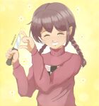  1girl absurdres brown_hair daisy flower garret_(broadheadarrow) highres holding holding_knife knife madotsuki pink_sweater smile sweater twintails yellow_background yume_nikki 