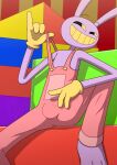  7nulls absurd_res anthro bulge clothed clothing gloves handwear hi_res inside jax_(the_amazing_digital_circus) lagomorph leporid looking_at_viewer male mammal overalls purple_body rabbit sitting smile smug_face smug_grin solo the_amazing_digital_circus 