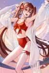  1girl absurdres bikini brown_hair cleavage_cutout clothing_cutout flower-shaped_pupils genshin_impact hair_between_eyes highres hu_tao_(genshin_impact) long_hair midriff open_mouth pponnya red_bikini red_eyes smile solo stomach swimsuit symbol-shaped_pupils twintails 