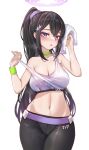  1girl absurdres bare_arms bare_shoulders black_hair black_pants blue_archive blush breasts choker cleavage collarbone cowboy_shot flower fluffyebi01 hair_flower hair_ornament halo highres holding holding_towel large_breasts long_hair looking_at_viewer midriff navel pants ponytail purple_eyes simple_background solo sports_bra stomach sumire_(blue_archive) sweat sweatband towel very_long_hair white_background white_sports_bra yoga_pants 