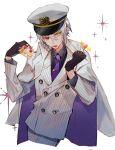  1boy absurdres black_gloves black_shirt cake candy cape collared_shirt facing_viewer food gloves grey_hair heterochromia highres jacket looking_to_the_side mahoutsukai_no_yakusoku male_focus necktie owen_(mahoutsukai_no_yakusoku) pants purple_cape purple_necktie red_eyes shirt short_hair solo sparkle sweets tongue tongue_out u-sama_(u_summer0719) white_jacket white_pants yellow_eyes 