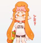  1girl :o bike_shorts black_shorts blue_eyes blunt_bangs blush blush_stickers closed_mouth commentary_request copy_ability gun highres holding holding_gun holding_weapon inkling inkling_girl kirby kirby_(series) long_hair looking_at_another looking_down looking_up on_head orange_eyes orange_hair pi_q pointy_ears print_shirt shirt short_eyebrows short_shorts short_sleeves shorts simple_background splatoon_(series) splattershot_(splatoon) standing super_smash_bros. t-shirt tentacle_hair thick_eyebrows translation_request very_long_hair weapon white_background white_shirt 