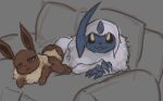  absol ambiguous_gender duo eevee feral furniture generation_1_pokemon generation_3_pokemon nintendo on_sofa pokemon pokemon_(species) simple_background sofa sousaku_san 