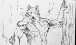  anthro bare_chested canid canine canis claws fur hi_res looking_at_viewer lupesilverwind male mammal monochrome muscular nude pen_and_ink plant simple_background solo tree wolf 