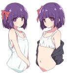  1girl bob_cut bow commentary_request copyright_request dress flat_chest hair_bow highres looking_at_viewer mel_(melty_pot) multiple_views navel purple_eyes purple_hair red_bow simple_background sleeveless sleeveless_dress stomach white_background white_dress 