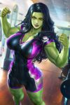  1girl biceps black_bodysuit black_hair blurry blurry_background bodysuit breasts clenched_hands collarbone colored_skin covered_abs eyeliner flexing green_eyes green_skin gym highres indoors large_breasts legs_apart long_hair looking_at_viewer makeup marvel multicolored_bodysuit multicolored_clothes muscular muscular_female neoartcore parted_lips patreon_username purple_lips she-hulk shoes sneakers solo standing thick_thighs thighs veins veiny_arms 