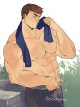  1boy 42nkooon abs bara black_pants blue_towel brown_hair closed_mouth garen_(league_of_legends) large_pectorals league_of_legends male_focus muscular muscular_male navel nipples pants pectorals short_hair solo topless_male towel towel_around_neck twitter_username 