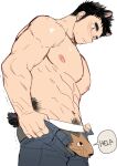  1boy abs absurdres animal_ears ass bara bear_boy bear_ears bear_tail black_male_underwear blush bulge bulge_lift denim dressing edging_underwear english_text feet_out_of_frame from_side gondom help highres i&#039;ve_never_seen_a_guy_recreate_this_successfully_tbh_(meme) jeans large_pectorals long_sideburns male_focus male_underwear meme muscular muscular_male nipples open_pants original pants pants_lift pectorals print_male_underwear short_hair short_tail shy sideburns sketch solo stomach sweatdrop tail topless_male trembling undersized_clothes underwear wolf_print 