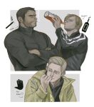  3boys alcohol black_hair black_jacket black_shirt blonde_hair bottle brown_hair brown_jacket chris_redfield cigarette coffeebrownn crossed_arms drinking english_text ethan_winters facial_hair holding holding_bottle jacket leon_s._kennedy male_focus multiple_boys muscular muscular_male open_clothes resident_evil shirt short_hair smoke smoking 