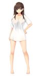  1girl akatsuki_usagi barefoot blue_eyes breasts brown_hair collarbone commentary_request covered_nipples full_body hand_on_own_hip highres large_breasts long_hair naked_shirt nipples original shirt short_sleeves simple_background solo standing t-shirt tachi-e white_background white_shirt 