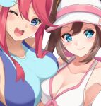  2girls :d bare_shoulders bikini blue_eyes blush breast_press breasts brown_hair cleavage closed_mouth collarbone covered_nipples double_bun eyelashes hair_between_eyes hair_bun hair_ornament hat igayan large_breasts long_hair looking_at_viewer medium_breasts multiple_girls one_eye_closed open_mouth pink_hair pokemon pokemon_(game) pokemon_bw pokemon_bw2 red_hair rosa_(pokemon) sidelocks simple_background skyla_(pokemon) sleeveless smile swimsuit tongue twintails upper_body visor_cap white_background white_headwear 