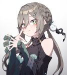  +_+ 1girl :q absurdres bare_shoulders beudelb black_shirt braid brown_hair charm_(object) clothing_cutout gradient_background green_eyes hair_between_eyes hair_ornament hairclip highres honkai:_star_rail honkai_(series) layered_sleeves long_hair long_sleeves looking_at_viewer mahjong mahjong_tile qingque_(honkai:_star_rail) shirt shoulder_cutout sidelocks simple_background solo tongue tongue_out twintails upper_body white_background 