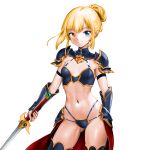  1girl arm_guards armor bikini blonde_hair blue_armor blue_bikini blue_eyes blue_thighhighs breasts cleavage gem grin hair_bun heterochromia highres holding holding_sword holding_weapon looking_at_viewer midriff minamoto80486 navel orange_eyes red_gemstone ringed_eyes short_hair shoulder_armor simple_background single_hair_bun small_breasts smile solo swimsuit sword teeth thighhighs waist_cape weapon white_background wizardry 