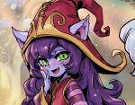 1girl :d blush commentary_request dress duplicate ears_through_headwear fang freckles green_eyes korean_commentary league_of_legends long_hair lulu_(league_of_legends) open_mouth phantom_ix_row pixel-perfect_duplicate purple_hair red_dress red_headwear smile solo striped_sleeves yordle 