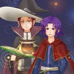  2boys book erk_(fire_emblem) fire_emblem fire_emblem:_the_blazing_blade fire_emblem_awakening fireworks highres holding holding_book karinosuke laurent_(fire_emblem) looking_at_viewer male_focus multiple_boys purple_hair upper_body world_witches_series 