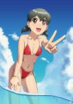  1girl absurdres bikini black_hair blue_sky breasts brown_eyes cleavage cloud cowboy_shot day doraemon hand_on_own_thigh highres leaning_forward looking_at_viewer low_twintails minamoto_shizuka navel open_mouth partially_underwater_shot qiannian_zuojia red_bikini short_hair side-tie_bikini_bottom sky small_breasts solo swimsuit teeth twintails upper_teeth_only wading 