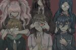  2girls 4boys ahoge black_hair black_jacket black_necktie brown_hair closed_mouth collared_shirt covering_another&#039;s_ears covering_another&#039;s_eye covering_another&#039;s_mouth covering_mouth danganronpa:_trigger_happy_havoc danganronpa_(series) danganronpa_2:_goodbye_despair danganronpa_v3:_killing_harmony enoshima_junko frown green_hoodie green_necktie grey_eyes hand_over_another&#039;s_eye hand_over_another&#039;s_mouth hand_up hands_on_another&#039;s_ears hinata_hajime hood hood_down hoodie jacket kamukura_izuru long_hair long_sleeves looking_at_viewer multiple_boys multiple_girls naegi_makoto necktie open_mouth red_eyes red_skirt saihara_shuichi shiba_(picopicosa) shirogane_tsumugi shirt short_hair skirt smile striped striped_jacket sweat three_monkeys 