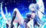  1girl bare_shoulders black_footwear blue_sleeves boots commentary_request crescent_moon crystal_sword detached_sleeves high_heel_boots high_heels high_ponytail highres honkai:_star_rail honkai_(series) ice_shard jingliu_(honkai:_star_rail) long_hair looking_at_viewer lying moon on_back open_mouth red_eyes red_tassel sakura_tsubame skirt solo sword thighs weapon white_hair white_skirt 