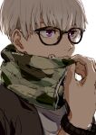  1boy adjusting_clothes bespectacled closed_mouth commentary_request facial_tattoo glasses inumaki_toge jujutsu_kaisen male_focus nori20170709 purple_eyes short_hair simple_background solo tattoo twitter_username watch white_background white_hair wristwatch 
