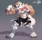  agonwolfe amber_eyes anthro biceps big_breasts breasts canid clawed_fingers claws clothing collar digitigrade female flexing fluffy generation_7_pokemon humanoid hyper lycanroc mammal muscular nintendo pokemon pokemon_(species) pose quadriceps solo spikes toe_claws torn_clothing 