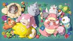  :d artist_name budew closed_eyes commentary darkvoiddoble fangs flower from_above grass highres lying munna natu no_humans on_back open_mouth oshawott pokemon pokemon_(creature) seedot skwovet sleeping slowbro slowking smile teddiursa tongue 