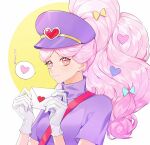  1girl artist_request cookie_run cotton_candy_cookie curly_hair envelope heart holding holding_envelope humanization long_hair non-web_source parted_bangs personification pink_hair purple_hair purple_shirt shirt short_sleeves solo source_request sparkle very_long_hair wavy_hair 