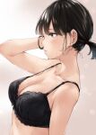  1girl bare_shoulders black_bra black_hair blush bra bracelet breasts cleavage collarbone highres jewelry lace-trimmed_bra lace_trim large_breasts mole mole_on_neck original purple_eyes short_ponytail solo underwear wet wing_(aiastor) 