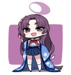  1girl blue_archive blue_skirt blush chan_co chibi fang floral_print full_body halo japanese_clothes long_hair long_sleeves neckerchief open_mouth pleated_skirt purple_hair red_neckerchief skin_fang skirt socks solo standing very_long_hair white_socks wide_sleeves yukari_(blue_archive) 