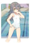  1girl alice_gear_aegis blurry blurry_background brown_eyes feet_out_of_frame flat_chest gradient_hair hand_on_own_hip highres indoors long_hair looking_at_viewer multicolored_hair navel one-piece_swimsuit pool school_swimsuit shinonome_chie smile solo standing swimsuit white_one-piece_swimsuit yashin_(yasinz) 