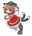  1girl animal_ears blush brown_footwear brown_hair cat_ears cat_tail chen fingernails full_body grin long_fingernails long_sleeves multiple_tails nail_polish parody puyopuyo red_eyes red_nails red_skirt red_vest sharp_fingernails shinmon_akika shirt shoes short_hair simple_background skirt smile socks solo style_parody tail touhou two_tails vest white_background white_shirt white_socks 