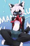  2023 4_toes anthro barefoot black_body black_fur blue_eyes blush bottomwear canid canine canis claws clothed clothing clothing_in_mouth clothing_lift crossed_legs cute_fangs digital_media_(artwork) feet fur hair hi_res kemono looking_at_viewer male male_anthro mammal mofu_mofu_mamoru mouth_hold multicolored_body multicolored_fur multicolored_tail navel paws shirt short_hair shorts sitting solo tail tank_top toe_claws toeless_(marking) toes topwear two_tone_body two_tone_fur two_tone_tail white_body white_fur white_hair wolf young zorodora 