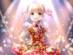  1girl :d blonde_hair blurry blurry_background bow brown_hair cowboy_shot dress dress_bow flower frilled_dress frills fukuda_fukutarou hand_on_own_chest holding holding_microphone idol idoly_pride kawasaki_sakura_(idoly_pride) looking_at_viewer microphone open_mouth orange_dress orange_eyes plaid plaid_dress short_hair short_sleeves smile solo stage_lights twintails wrist_cuffs 