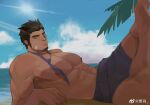  1boy abs animal_ears bandaid bandaid_on_cheek bandaid_on_face bara beach blue_sky bright_pupils cat_ears come_hither facial_hair feet_out_of_frame foot_up forked_eyebrows from_side goatee grey_male_swimwear highres kasoo large_pectorals lixiao6342 long_sideburns looking_at_viewer loose_necktie lying male_focus male_swimwear mature_male muscular muscular_male necktie nipples on_back original pectorals purple_necktie short_hair sideburns sky smile solo stomach swim_trunks thick_eyebrows topless_male 
