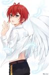  1boy angel_wings antenna_hair back belt black_pants grey_eyes hair_between_eyes highres kwakah long_sleeves male_focus open_clothes open_shirt pants red_hair riddle_rosehearts shirt solo twisted_wonderland white_background white_shirt wings 