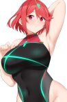  1girl arind_yudha arm_behind_head arm_up breasts covered_navel earrings highleg highleg_swimsuit highres jewelry large_breasts one-piece_swimsuit pyra_(pro_swimmer)_(xenoblade) pyra_(xenoblade) red_eyes red_hair short_hair solo swimsuit tiara upper_body xenoblade_chronicles_(series) xenoblade_chronicles_2 