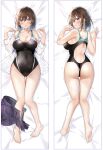  1girl ass ass_focus ass_visible_through_thighs bare_shoulders barefoot blush breasts brown_hair cleavage closed_mouth collarbone collared_shirt competition_swimsuit covered_navel curvy dakimakura_(medium) dot_nose feet hair_between_eyes hawawa-chan_(shiro_kuma_shake) highres huge_ass huge_breasts legs_together long_sleeves looking_at_viewer lying median_furrow medium_hair miniskirt multiple_views off_shoulder on_back on_stomach one-piece_swimsuit original pleated_skirt purple_eyes purple_skirt racerback raised_eyebrows shiro_kuma_shake shirt sidelocks skirt skirt_removed swimsuit thigh_gap toes wavy_mouth wet wet_clothes wet_hair wet_shirt white_shirt wide_hips 