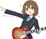  1girl blush_stickers brown_eyes brown_hair collared_shirt electric_guitar fusazakura guitar hair_between_eyes hair_ornament hairclip highres hirasawa_yui instrument k-on! long_sleeves open_mouth sakuragaoka_high_school_uniform school_uniform shirt short_hair simple_background smile solo upper_body white_background white_shirt 