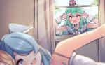  3girls blonde_hair blue_eyes blue_hair blush crown curtains dragon_girl elira_pendora fairy finana_ryugu fish_girl flower frilled_sailor_collar frills green_hair head_fins head_wings highres lazulight looking_through_window multiple_girls nijisanji nijisanji_en open_mouth out_of_frame pomu_rainpuff purple_eyes purple_flower sailor_collar seion virtual_youtuber 