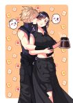  1boy 1girl ;&gt; apron babigonice bare_arms bare_shoulders black_apron black_gloves black_hair black_shorts black_vest blonde_hair blue_eyes blush border breasts closed_eyes closed_mouth cloud_strife coffee_pot commentary_request couple crop_top final_fantasy final_fantasy_vii final_fantasy_vii_advent_children food gloves hair_behind_ear heart high_collar highres holding hug hug_from_behind kiss kissing_cheek large_breasts long_hair looking_at_viewer midriff navel one_eye_closed outside_border red_eyes ribbed_shirt shirt short_hair shorts smile speech_bubble spiked_hair standing swept_bangs tank_top tifa_lockhart toast vest waist_apron white_border white_tank_top zipper 